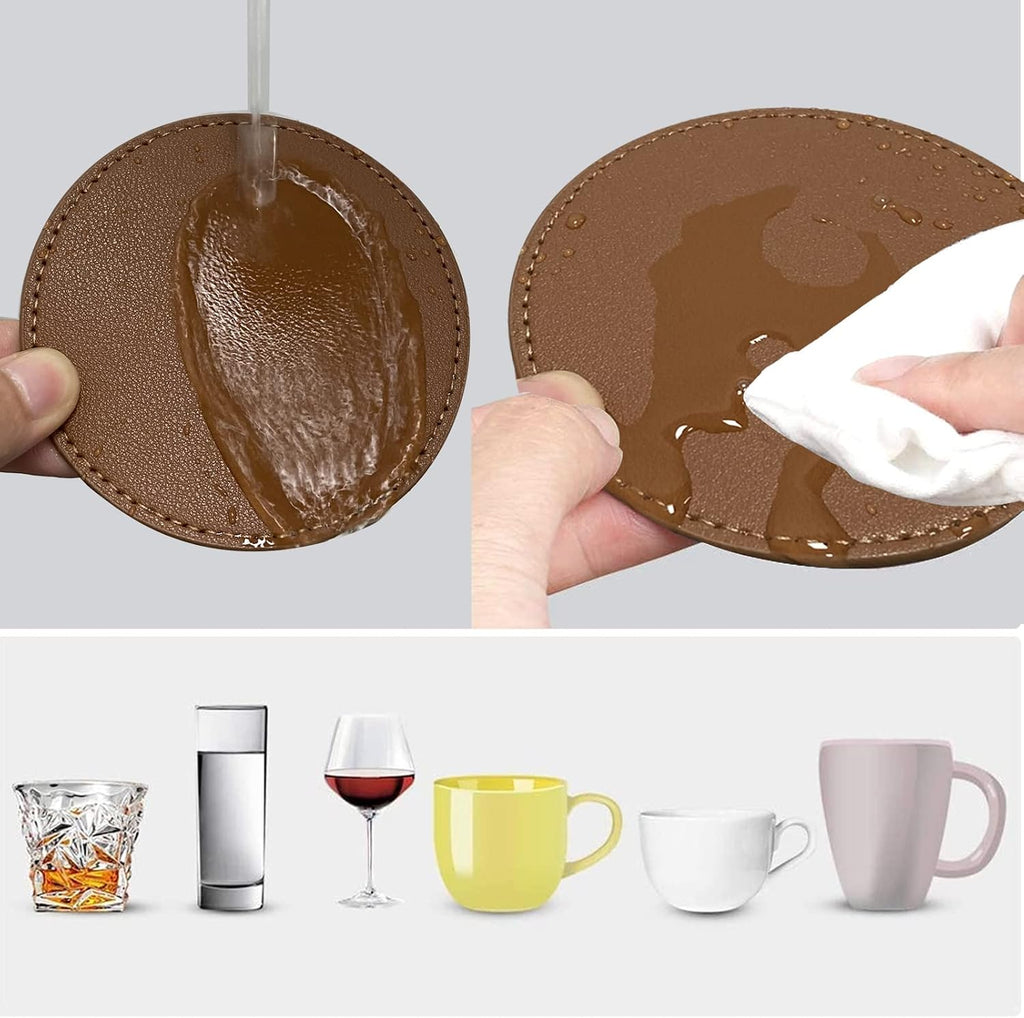 Coasters Soft Leather Drink Coaster Round Coaster with Sewing Around, Suitable for Various Cups, Wooden - Set of 6
