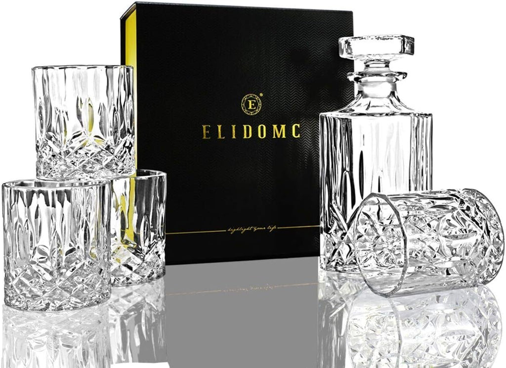 Italian Crafted Crystal Whiskey Decanter & Whiskey Glasses Set, Crystal Decanter Set With 4 Whiskey Glasses - Set of 5