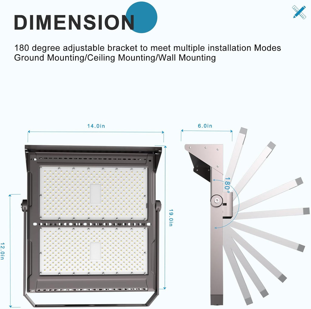 Upgrade 1000W LED Flood Light Outdoor with Brim 150000Lm Led Stadium Light with Adjustable Bracket, IP65 AC100-277V
