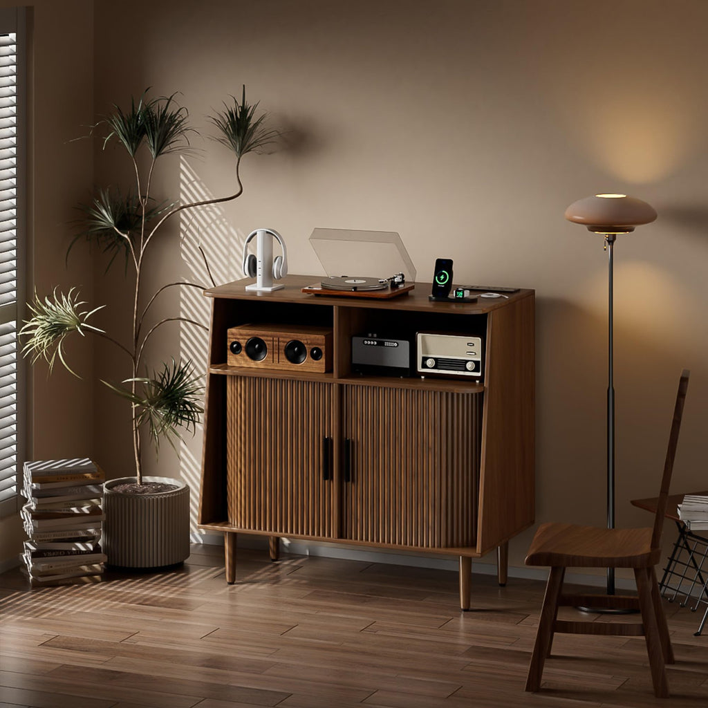 Record Player Stand with Vinyl Storage, Mid Century Modern Vinyl Storage Cabinet with Power Outlet and Sliding Doors