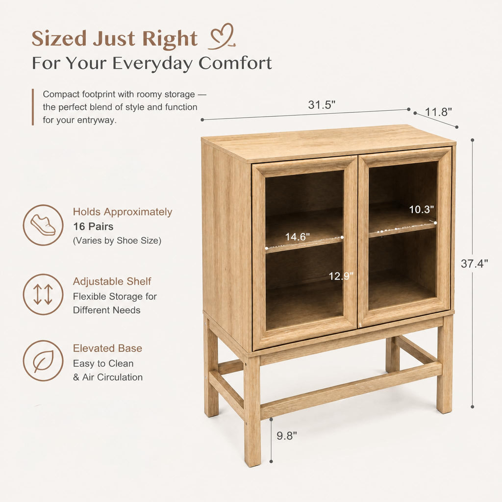 Sideboard Buffet Cabinet with Storage, Small Kitchen Coffee Wine Bar Cabinet with Glass Press-to-Open Doors, Wood Mid