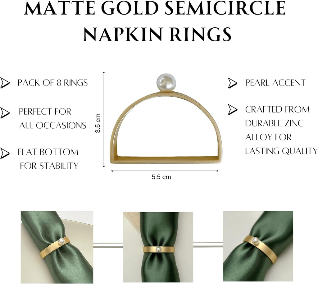 Gold Napkin Rings - Semicircle Napkin Ring Holder in Matte Gold- Pearl Napkin Rings for all Occasions Made - Set of 8