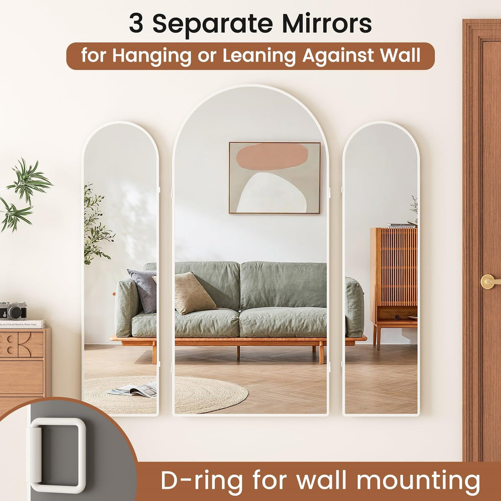 3 Way Arched Full Length Mirror Free Standing, 71"x 67" Large Modern Trifold Mirror with 3 Panel Tempered Glass &