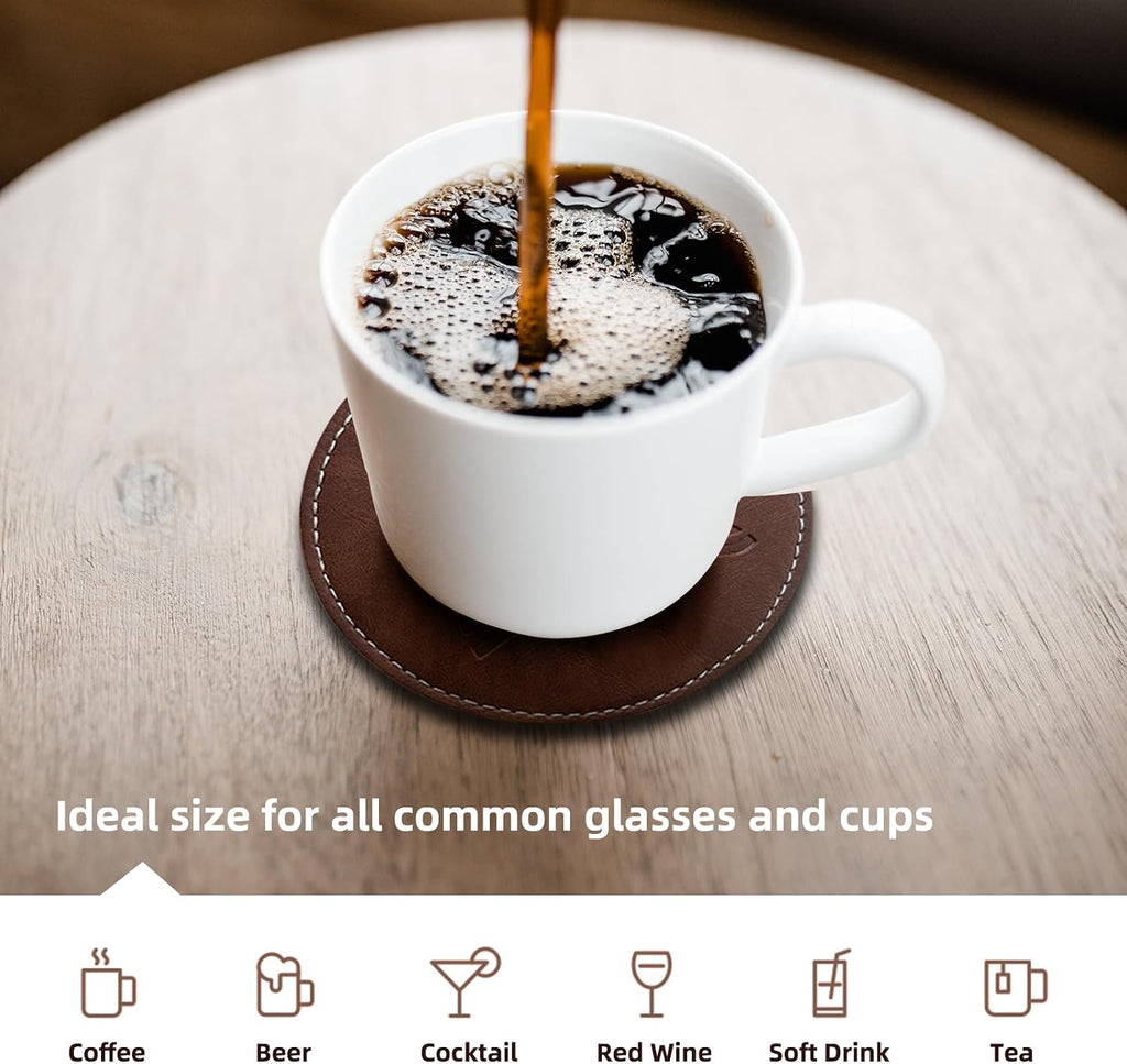 Coasters for Drinks Faux Leather Handmade Embossing Coasters with Holder Waterproof Round Cup Mat Pad Bar - Set of 6