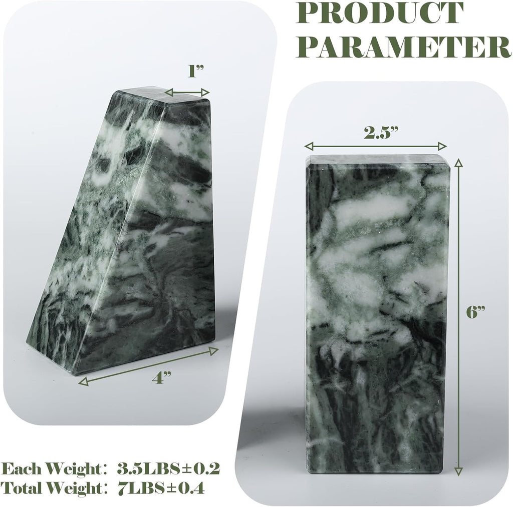 Marble Bookends for Heavy Books, Decorative Bookends for Shelves, Green Stone Book Ends, Heavy-Duty Book Ends for