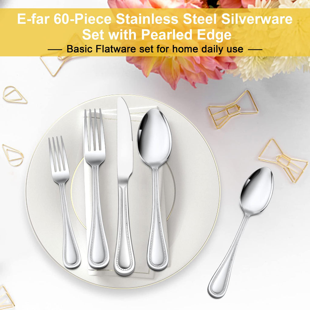 60-Piece Silverware Set for 12, Stainless Steel Flatware Cutlery Set with Pearled Edge, Include Forks Spoons and