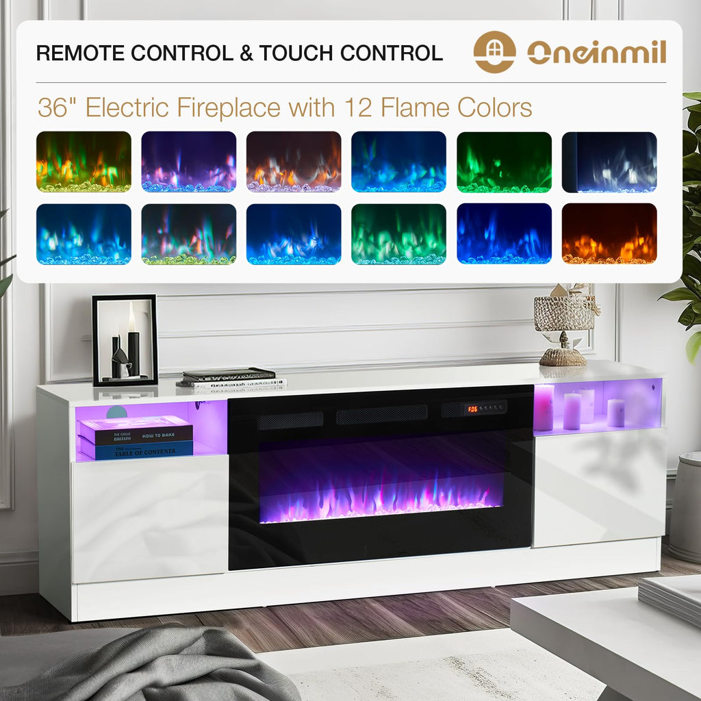 Fireplace TV Stand with 36" Electric Fireplace, LED Light Entertainment Center, Modern Wood Texture Highlight Storage