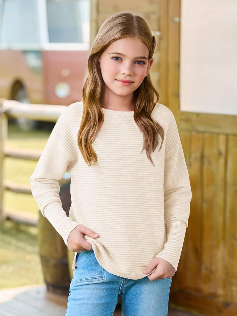 Girls Fall Sweater Kids Ribbed Knit Split Pullover Tops