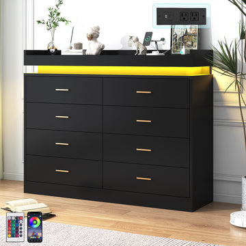 8 Drawer Dresser with Charging Station and LED Lights, Modern Chest of Drawers with Power Outlet, Organizer Cabinet