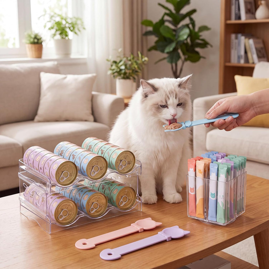 Cat Food Organizer Set, 2-Tier Can Rack & Cat Treat Organizer