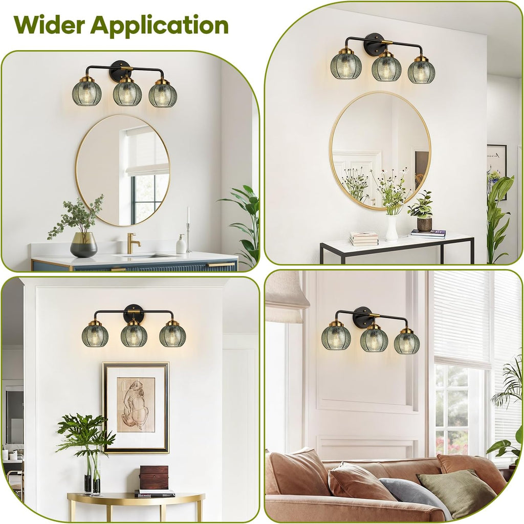 Bathroom Light Fixtures, 3-Light Green Vanity Lights with Unique Leaf Texture Glass Shade, Modern Matte Black and