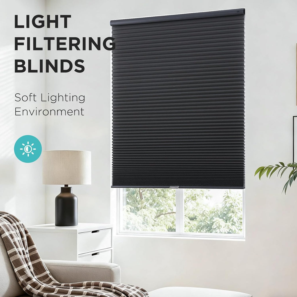 No Drill Light Filtering Cellular Shades, Black, | Thermal Insulating, No Drill Blinds for Windows, Light Filtering