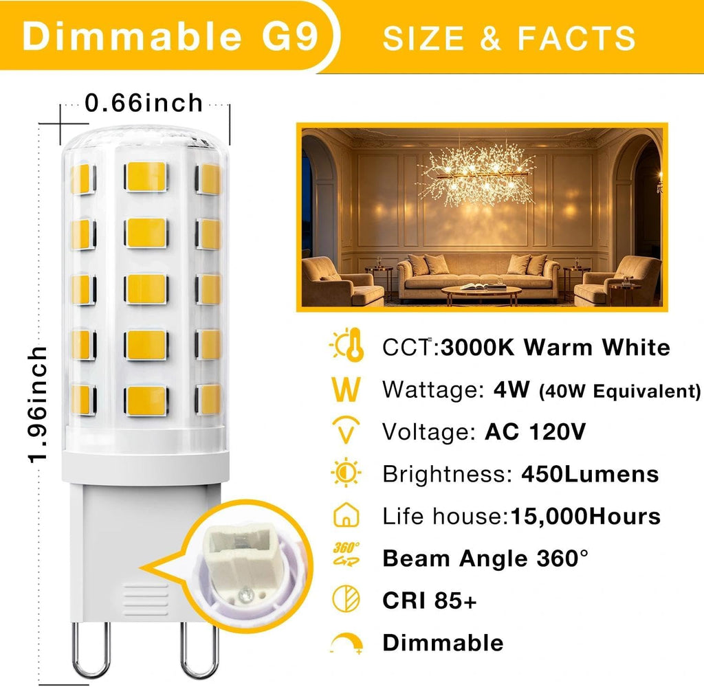12 Pack G9 LED Bulb Dimmable 4W 3000K Warm White,40 Watt Eq, 120V