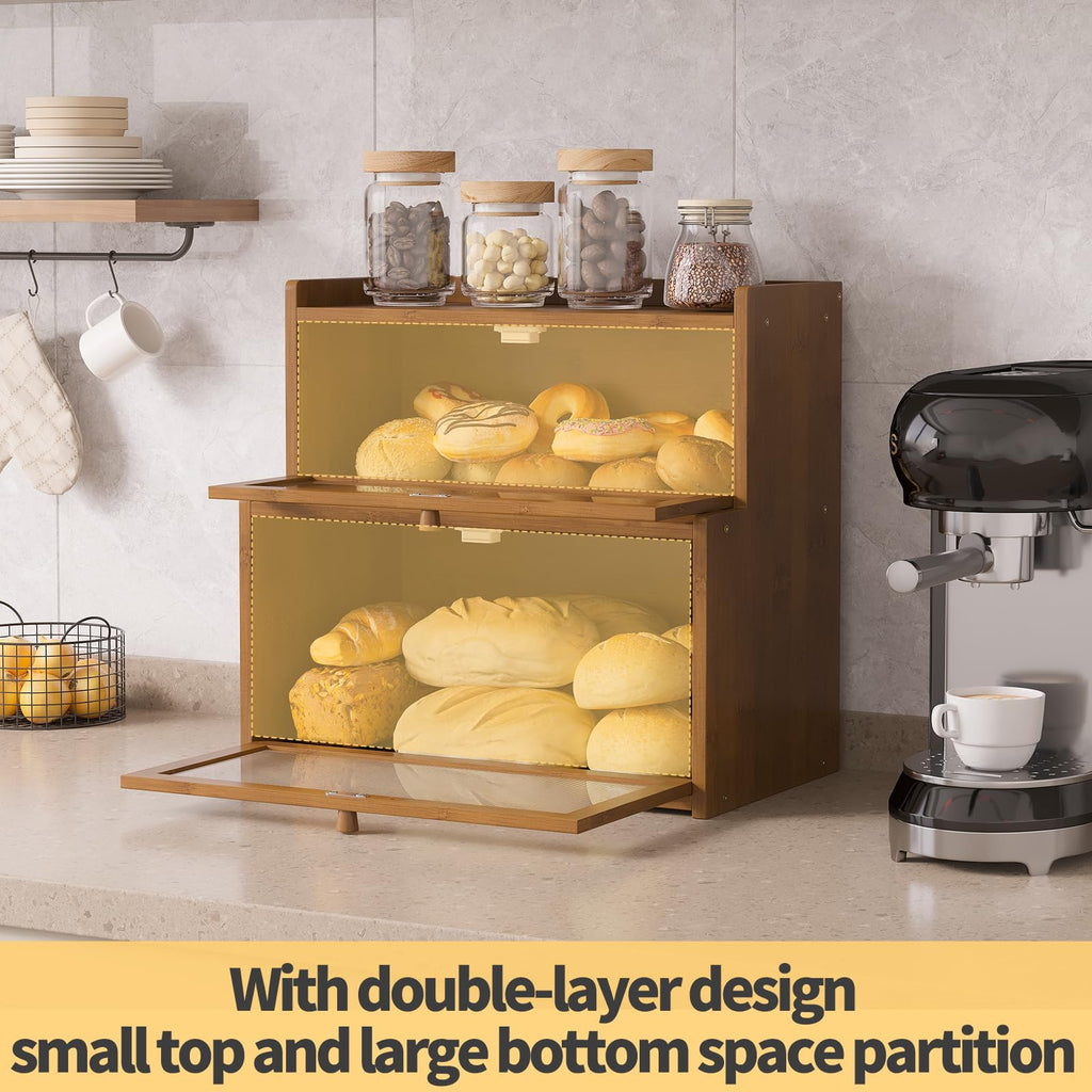 Double Layer Bamboo Counter,Bread Holder,Countertop Bread Storage with Window (Brown)