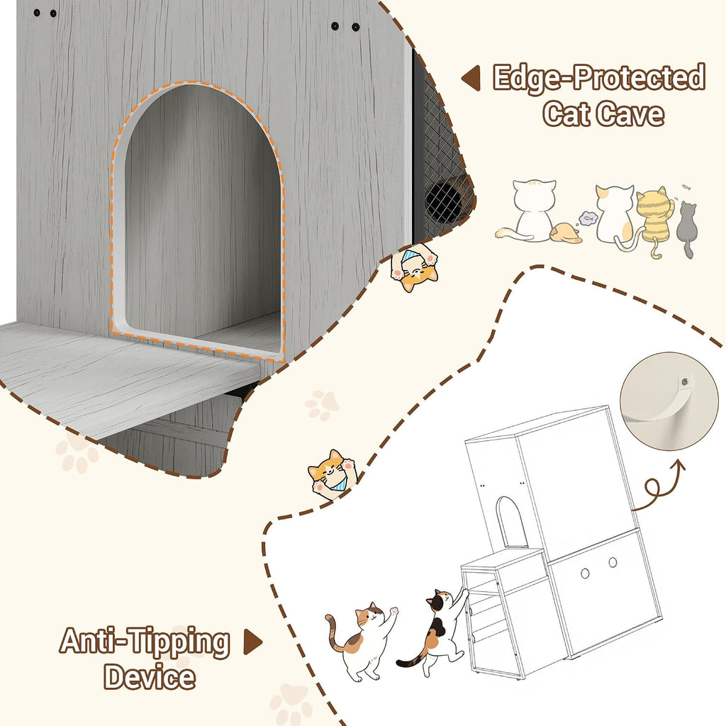 2-Tier Hidden Cat Litter Box Enclosure Cabinet