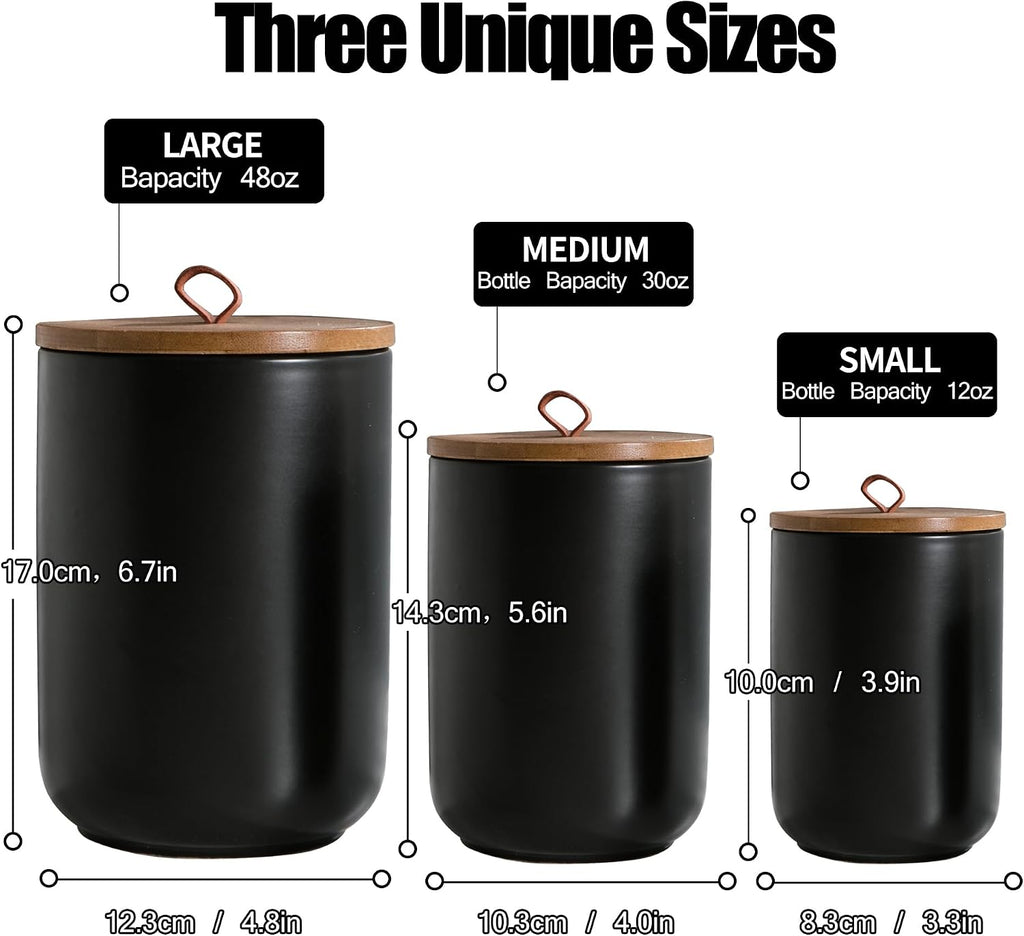Black Ceramic Canister Set with Wooden Lid, 3-Piece Food Storage Jars Counter, Storage Container for Coffee, Tea - Set of 3