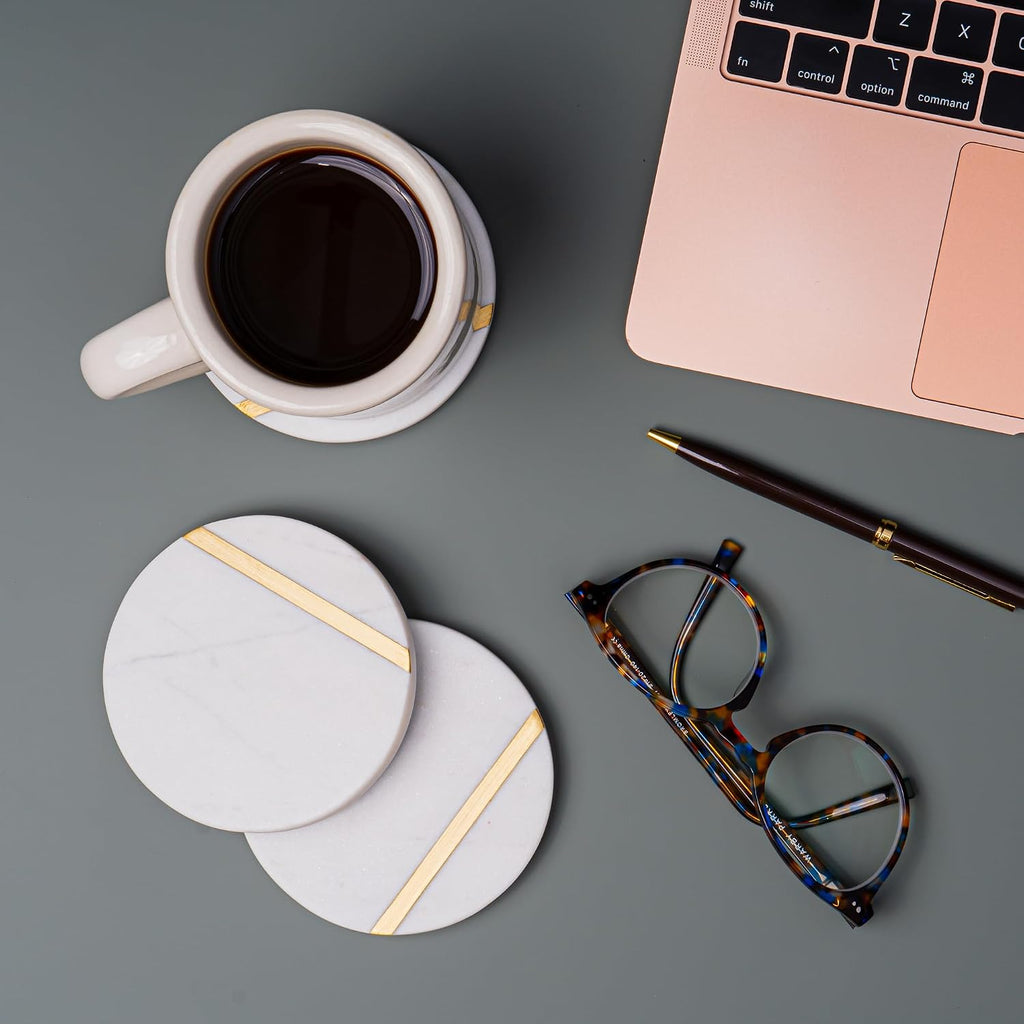 Marble Coasters with Gold Brass Inlay, White - Set of 6