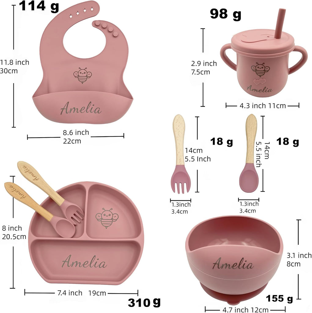 Personalized Name Food Grade 6pcs Baby Feeding Set with Spoon, Fork,Silicone Suction Bowls,Cup,Plate,and bib BPA Free
