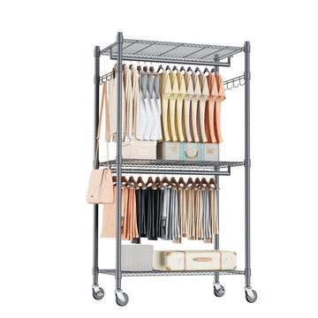 Narrow Rolling Garment Rack with Double Rods and 3 Adjustable Shelves, Compact Portable Closet Organizer, Laundry