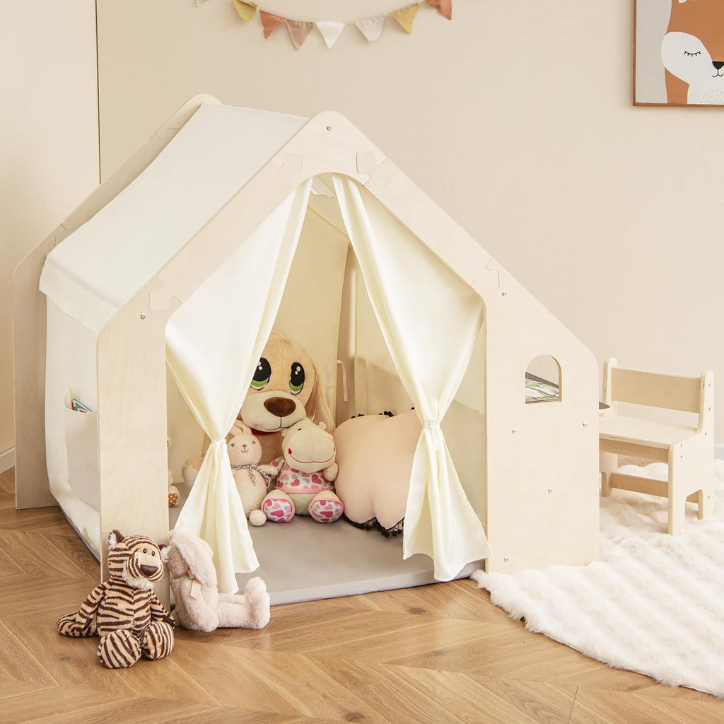Kids Tent, in-1 Wooden Frame Play House with Table and Chair Set, Blackboard, Side Storage Bag & Soft Floor Mat