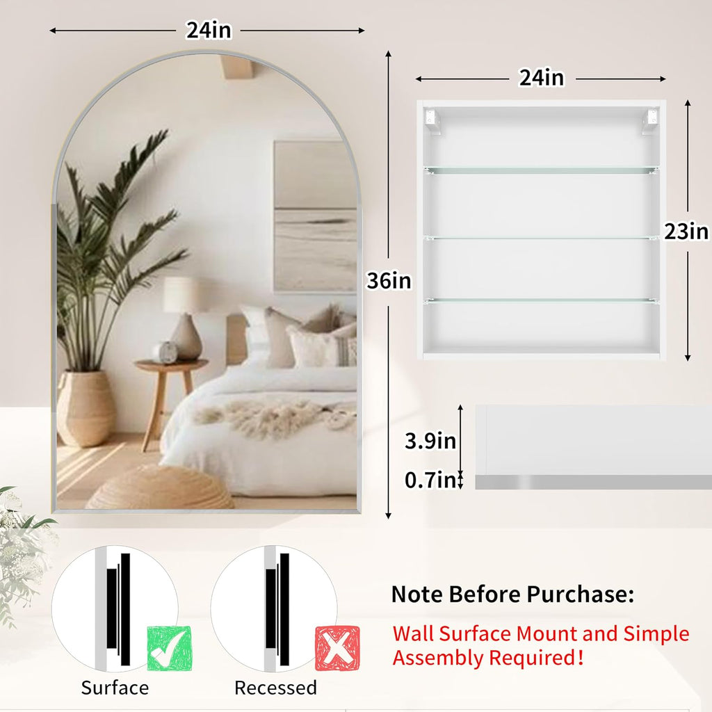 24x36 Inch Arch Bathroom Mirror Medicine,Cabinet,Brushed Silver Wall Mounted Bathroom Mirror with Storage,Adjustable