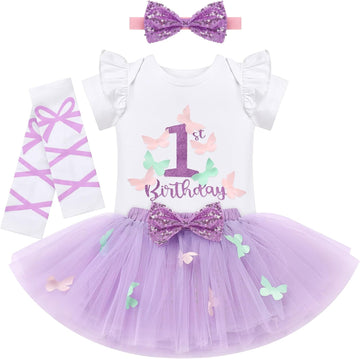 Baby Girl First Birthday Cake Smash Outfit Romper Princess Tutu Skirt Leg Warmers Headband Set