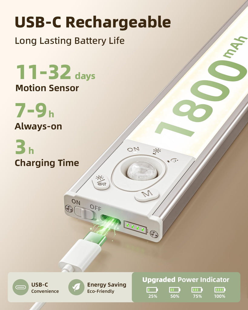 Under Cabinet Lighting Wireless, 8'' 1800mAh Rechargeable Closet Light, LED Motion Sensor Lights with Power Display
