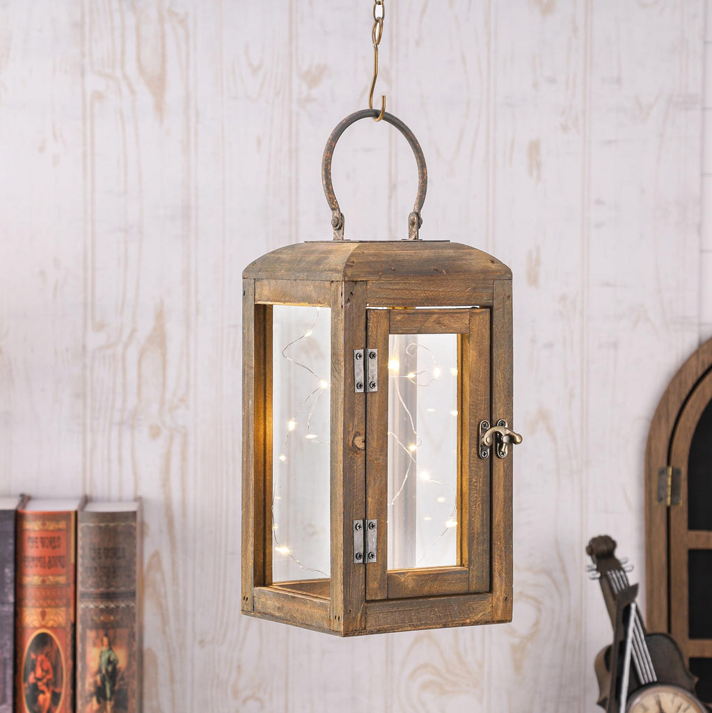11" High Wooden Lantern Made of Solid Firwood in Handpainted Mediterranean Brown with Metal Handle, Hurricane Lantern