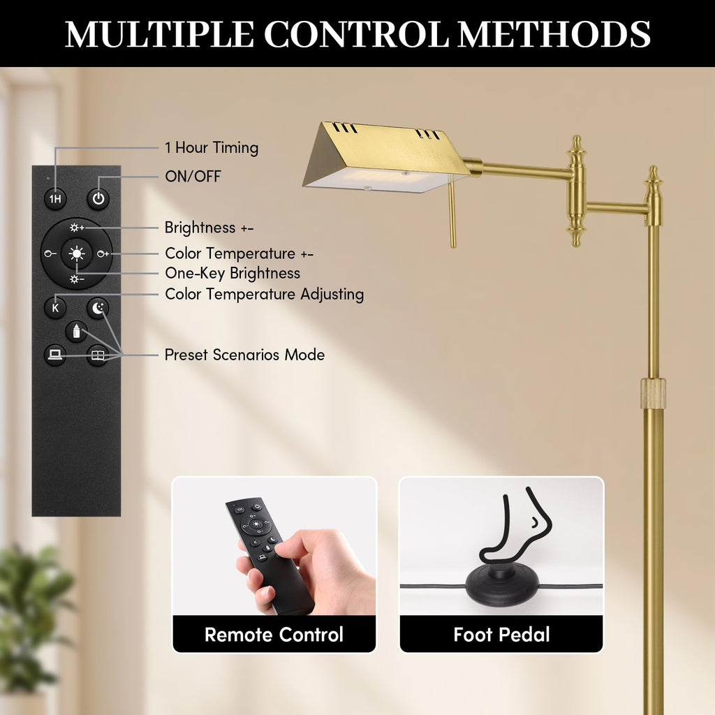 Gold Reading Floor Lamp, Dimmable Pharmacy Standing Lamp with Remote