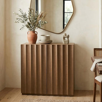 Sideboard Cabinet, 31.37" Buffet Fluted Cabinet, Amber Oak