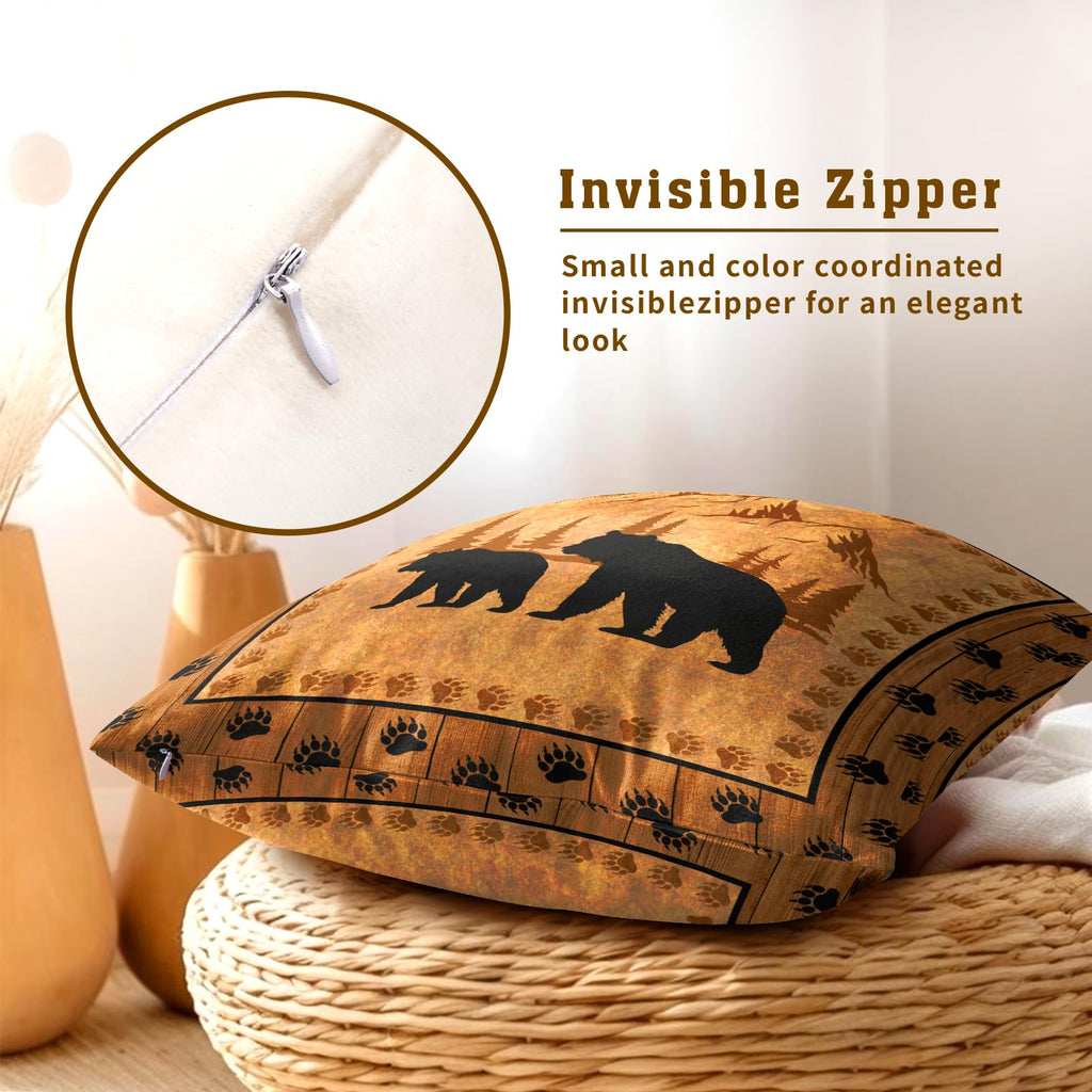Bear Throw Pillow Covers 24x24 Inch Set of 2 Retro Brown Mountain Decorative Pillowcase Rustic Cabin Bear Hunting