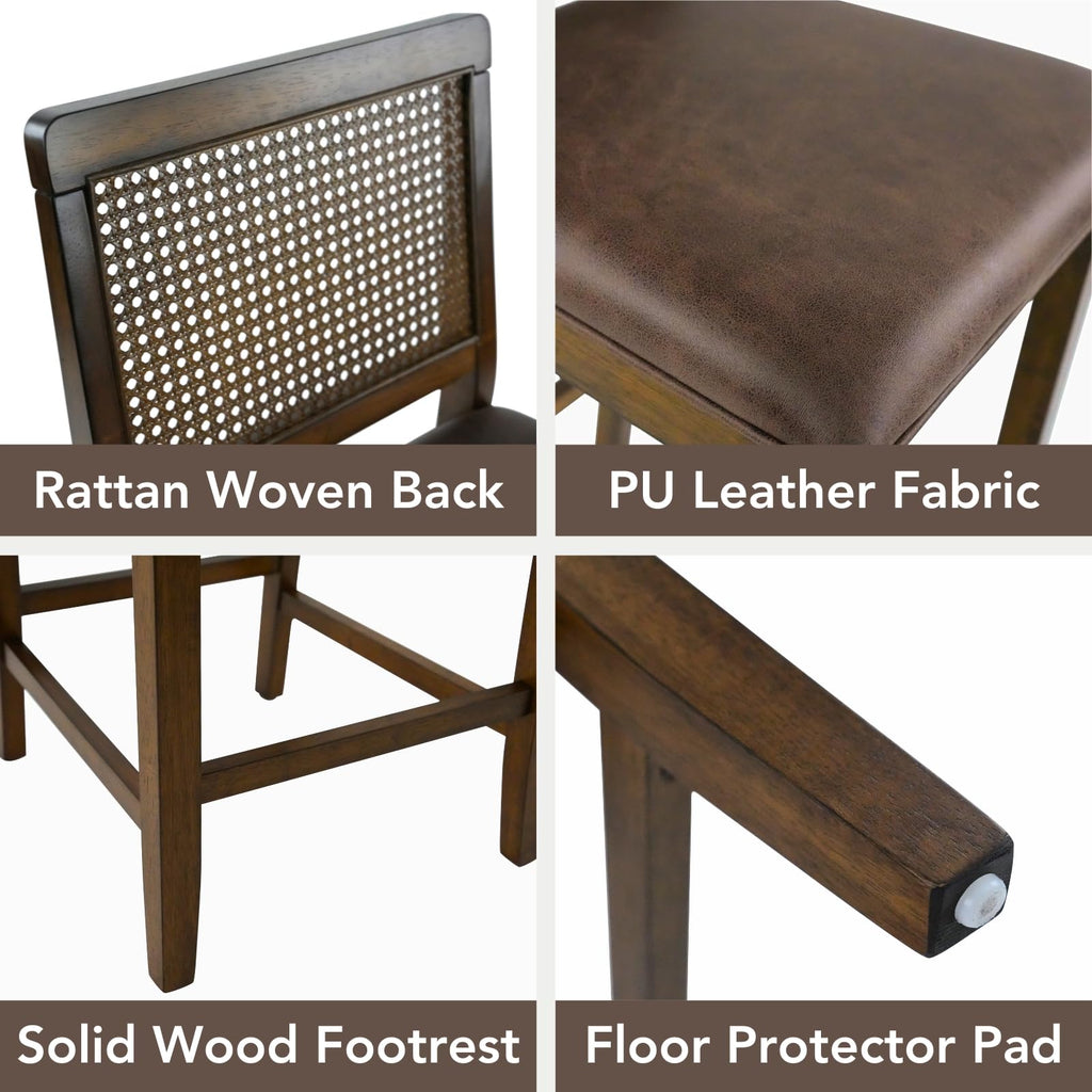 26" Rattan Bar Stools Set of 6, Farmhouse Faux Leather Upholstered Counter Height Stools with Cane Woven Back