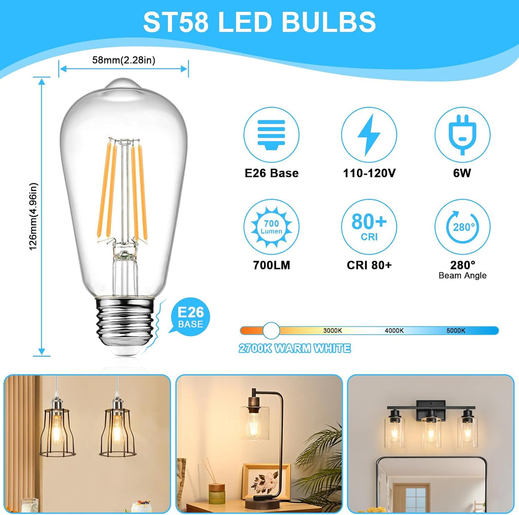 Vintage LED Edison Bulbs, 6W, Equivalent 60W, E26 Medium Base, Warm White 2700K, Non-Dimmable, ST58 Antique LED