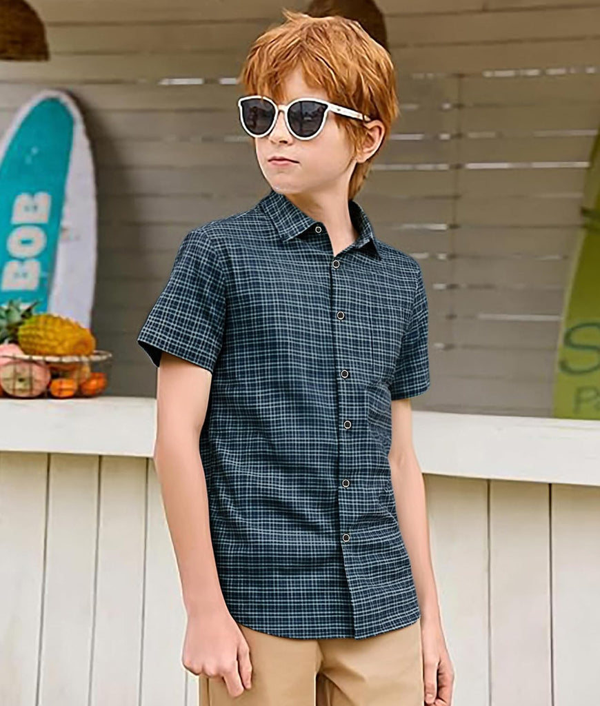 Boys Casual Button Down Shirts Short Sleeve Wrinkle Free Way Stretch Dress Shirs Plaid Shirts for Kids