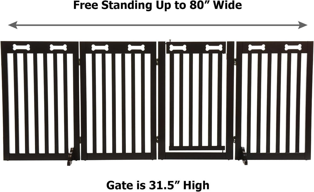 Freestanding Dog Gate with Door, 4 Panel 360 configurable Wooden Fence, 80" Wide, 31.5" High, Set of Foot Supporters