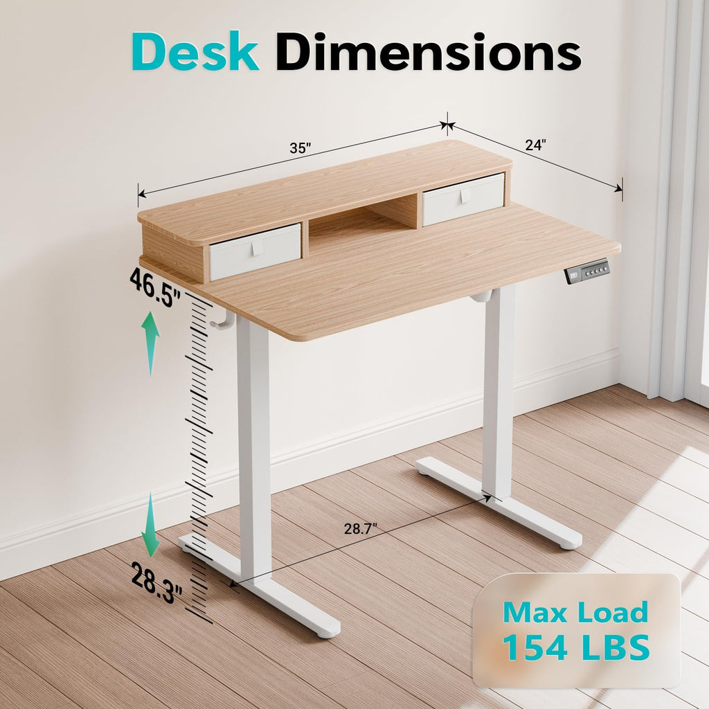 35" x 24" Electric Standing Desk with Dual Drawers, Light Walnut