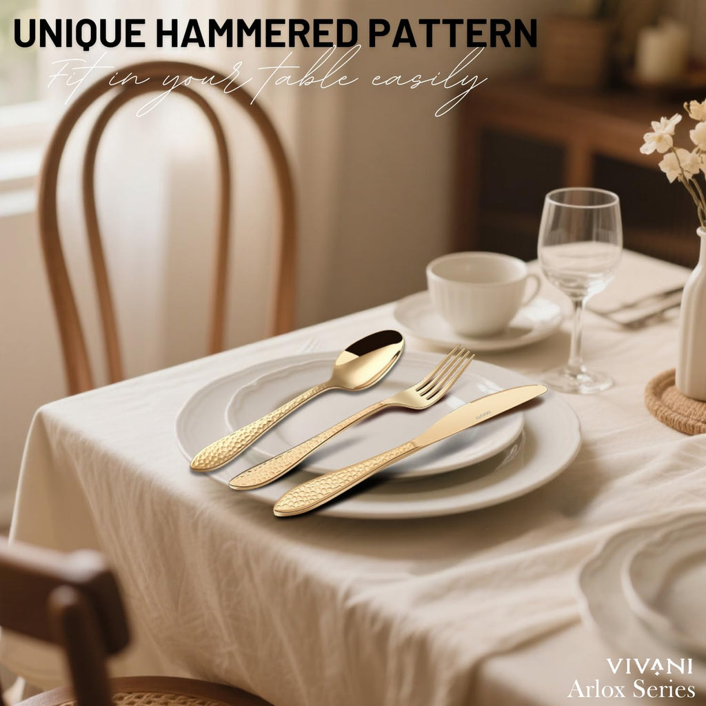 40-Piece Champagne Silverware Set for 8, Hammered Flatware Set