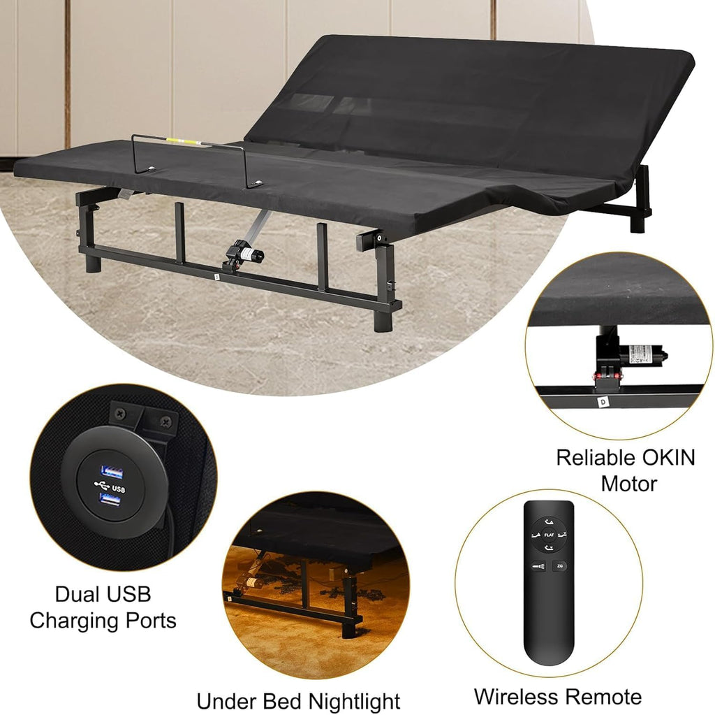 King Adjustable Bed Frame with Remote, Head & Foot Incline, Zero Gravity, 4 USB Ports & Under-Bed Nightlight, Quiet