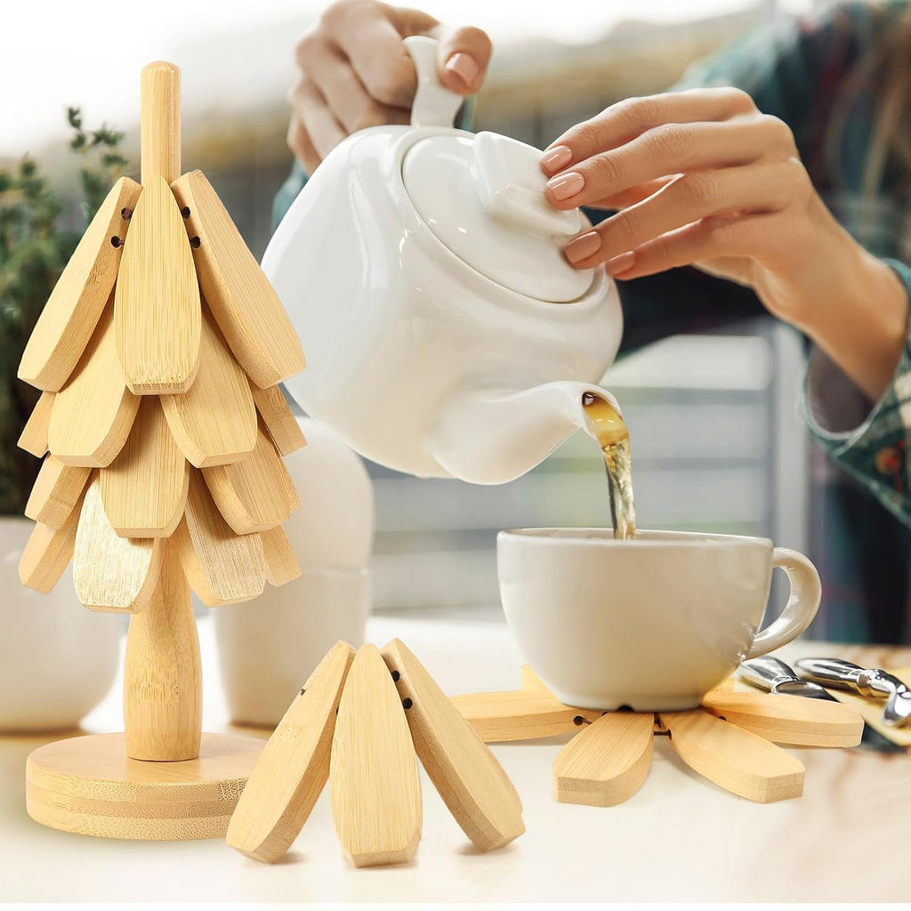 Tree Coasters, Wooden Trivets for Hot Dishes, Stackable Trivet Set with Stand, Foldable Bamboo Wood Tree - Set of 6