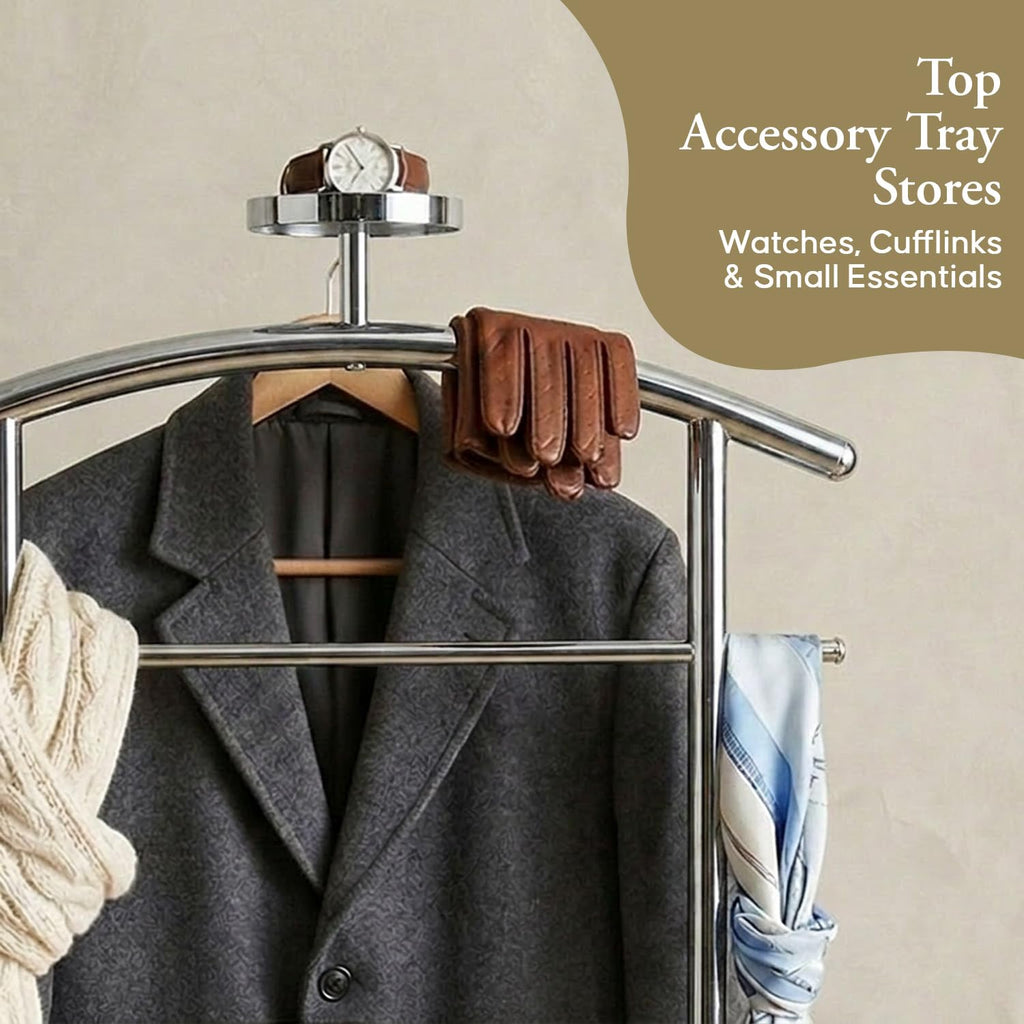 Freestanding Metal Suit Valet Stand with Tie Bar, Chrome