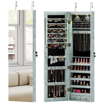 Wall Door Mounted Jewelry Armoire with 47.5" Full Length Mirror & 2 LED Lights, Large Storage Capacity, Lockable