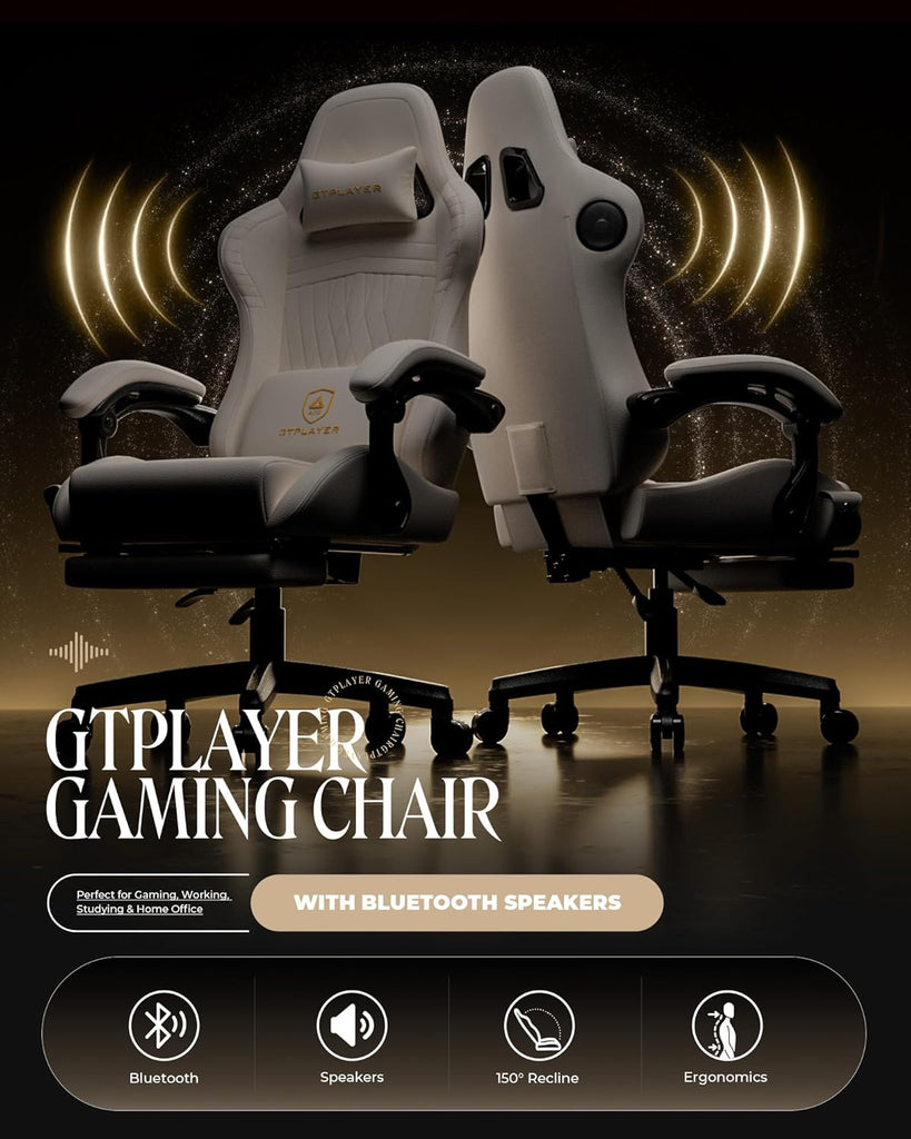 Gaming Chair for Adults, Ergonomic Computer Game Chairs with Speakers, Footrest & Linkage Armrest, Reclining High