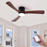 Modern 52 Inch Flush Mount Ceiling Fan with LED Lights and Remote Control - 3 Wood Blades, Reversible DC Motor, 6 Speeds, Timer - Walnut and Matte Black