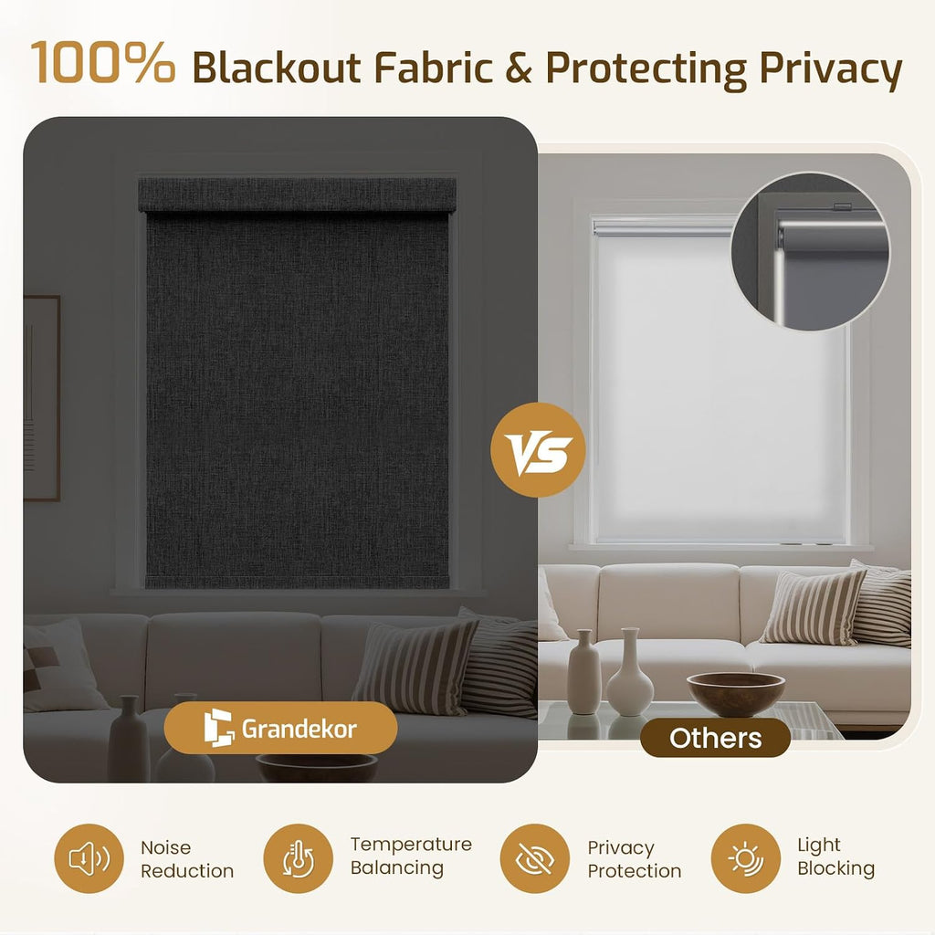 No Drill Blackout Roller Shades | Hemp-Dark Gray | Textured Fabric Blocks Sunlight & Protects Interiors with UV