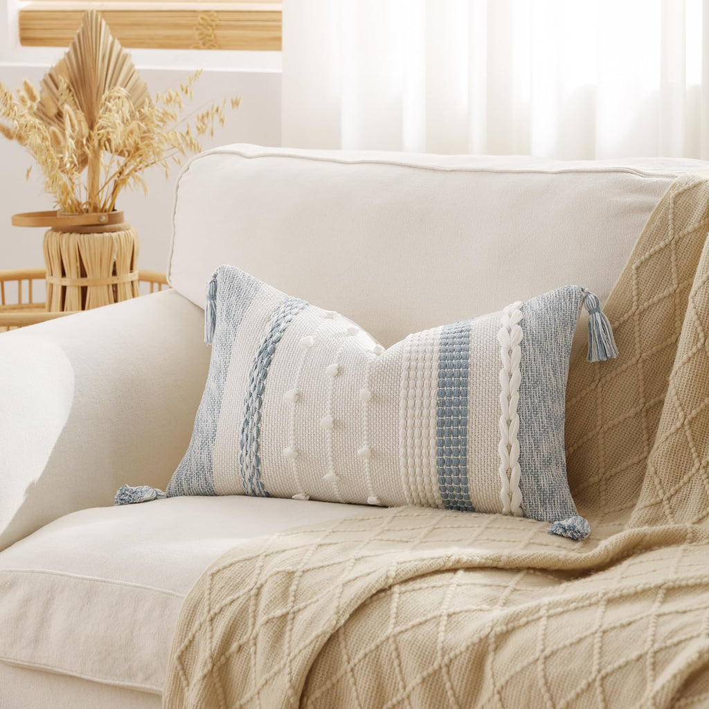 Boho Lumbar Pillow Cover 12x20 Coastal Blue - Handmade Woven Textured Throw Pillow Case with Cordings & Tassels