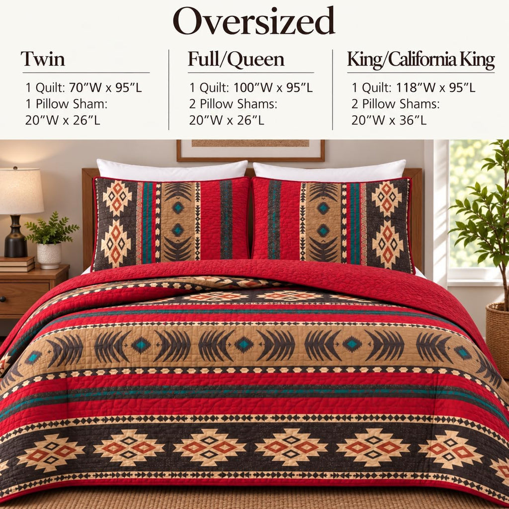Western Southwestern Native American Tribal Navajo Design Oversize Quilted Bedspread in Brown Green and Burgundy