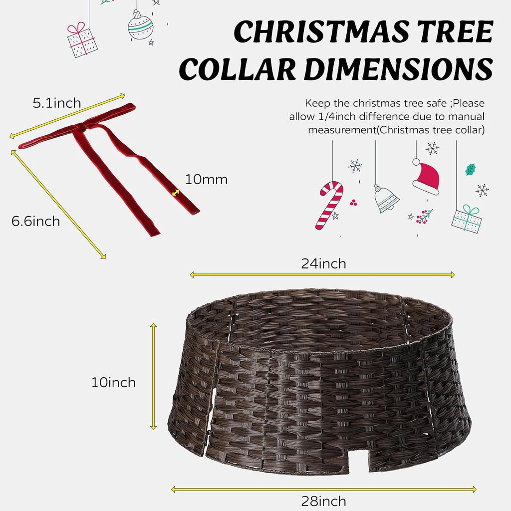 28" Christmas Tree Collar for Pencil Trees with 24Pcs Velvet Christmas Tree Bows,Cord Cut-Out, Basket Tree Skirt