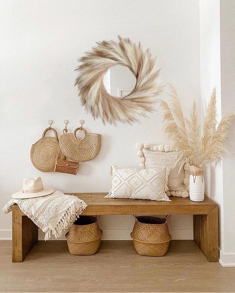 27'' Artificial Pampas Grass Wreath, UV Resistant Faux Pampas Wreath for Front Door, Porch, and Wall, Fluffy Boho