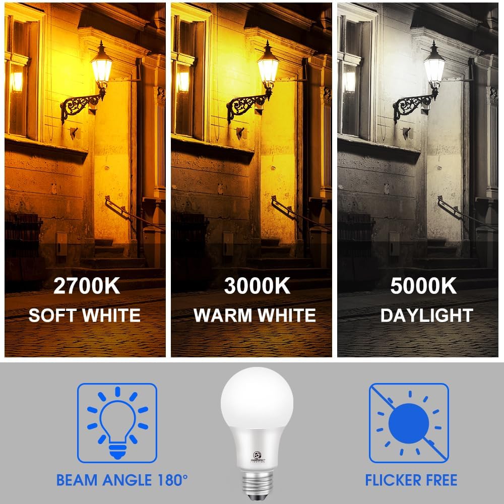 Energetic 4-Pack Dusk to Dawn LED Outdoor Light Bulb, 60 Watt Equivalent(6W), 800LM, Daylight 5000K, E26 Base