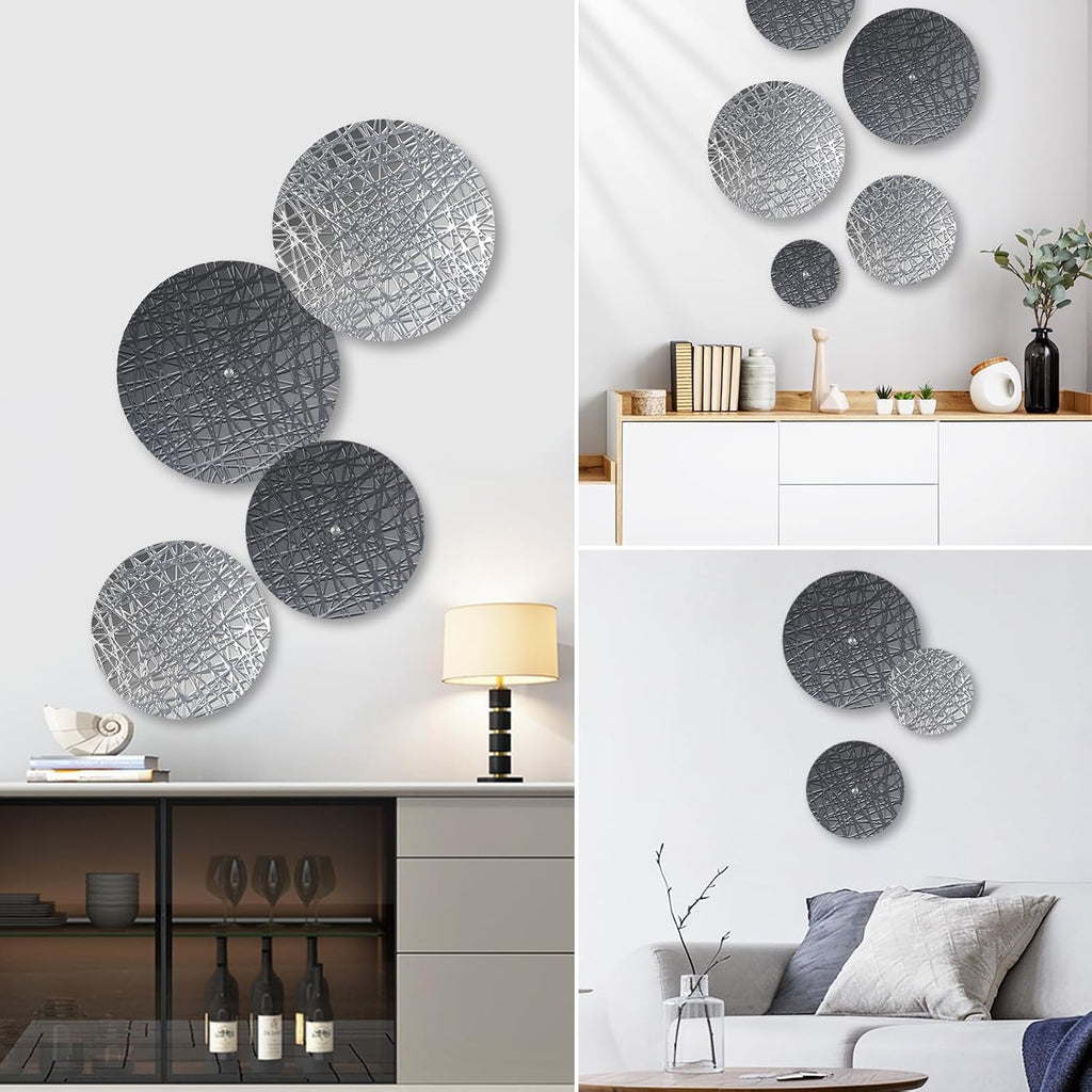 Metal Wall Hanging Sculptures Modern Round Silver Blue Wall Art - Set of 8